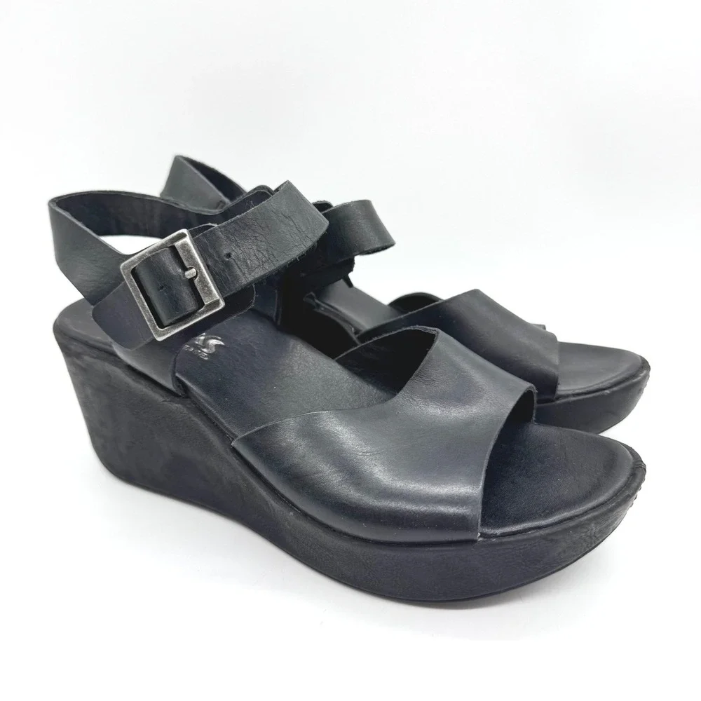 Korks‎ by Kork-Ease Black Leather Platform Wedge Sandals Size 6 Boho Minimalist